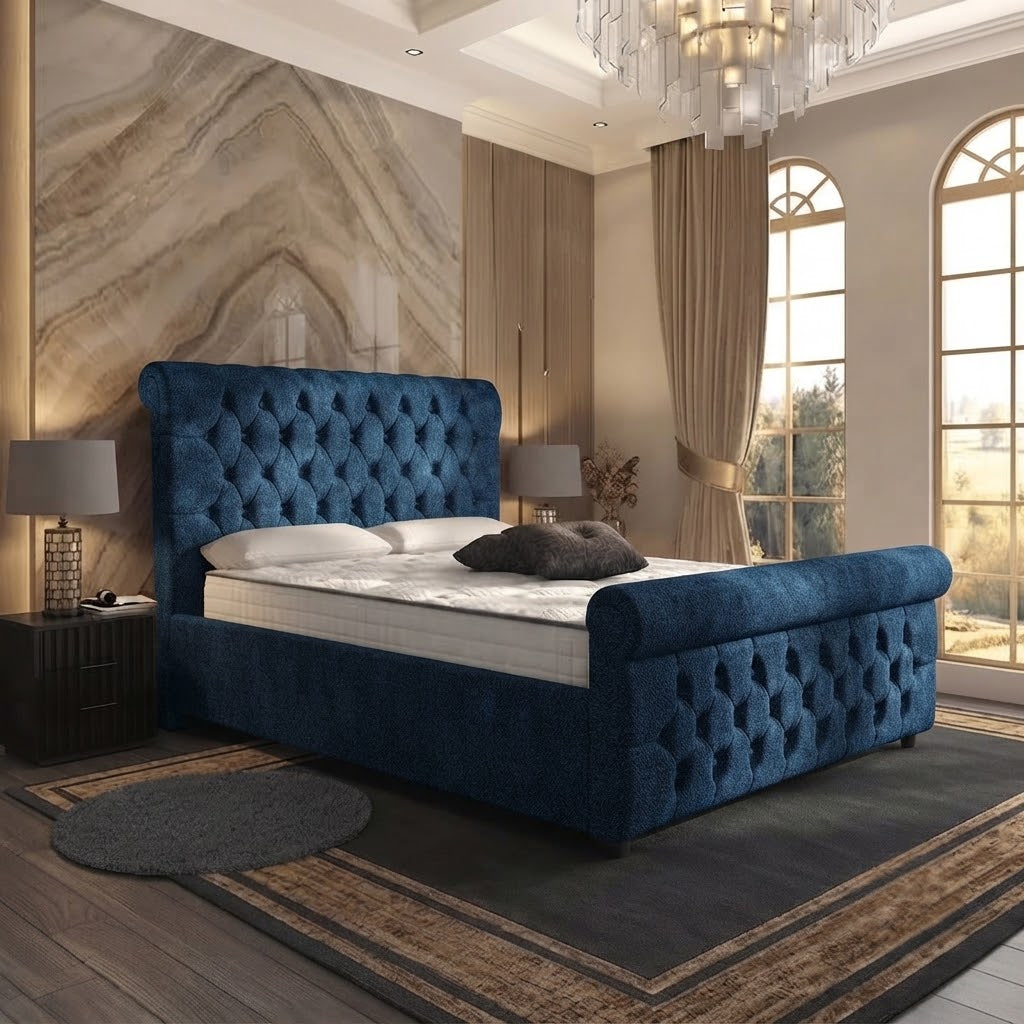 Buckingham Upholstered Ottoman Bed - Blue Plush Velvet