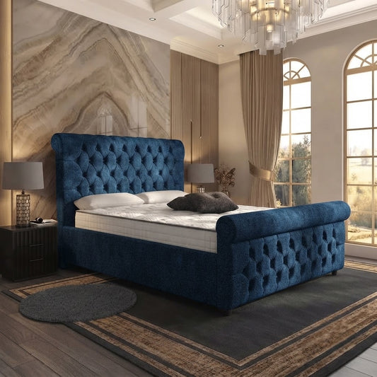 Buckingham Upholstered Ottoman Bed - Blue Plush Velvet