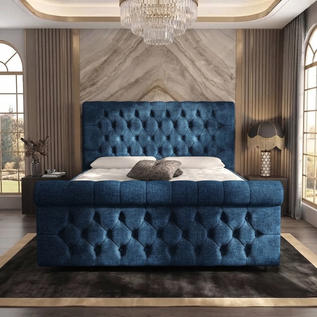 Buckingham Upholstered Ottoman Bed - Blue Plush Velvet