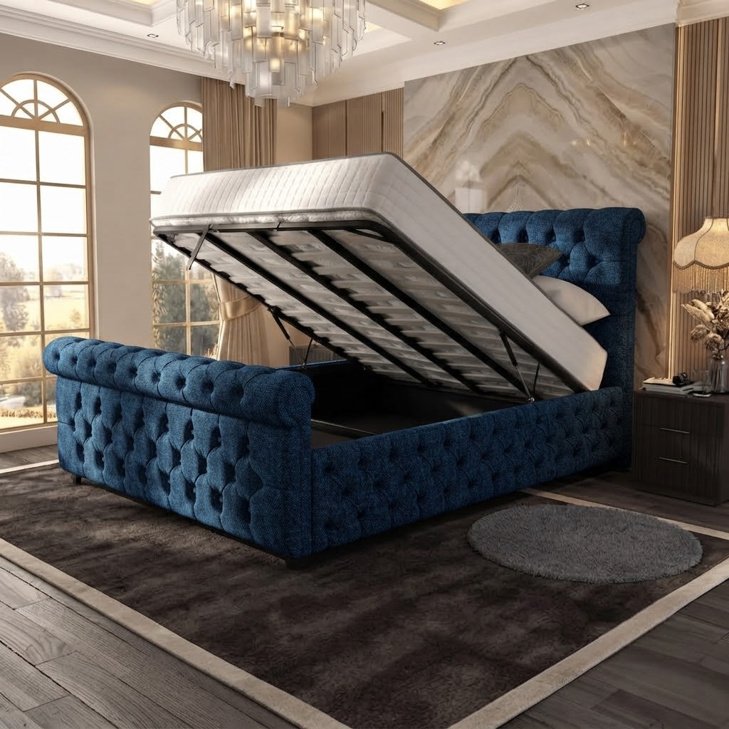 Buckingham Upholstered Ottoman Bed - Blue Plush Velvet