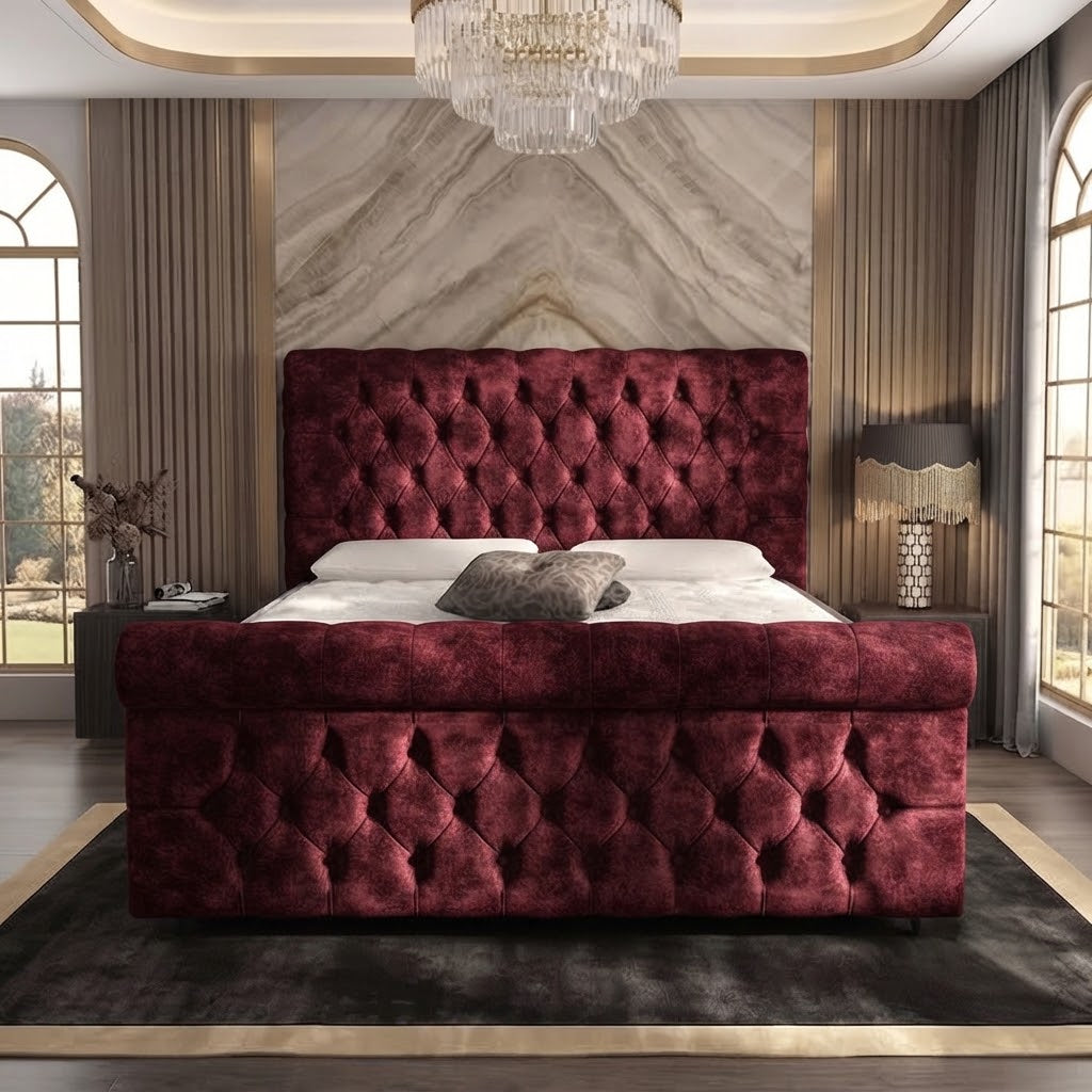 Buckingham Upholstered Ottoman Bed - Burgundy Plush Velvet