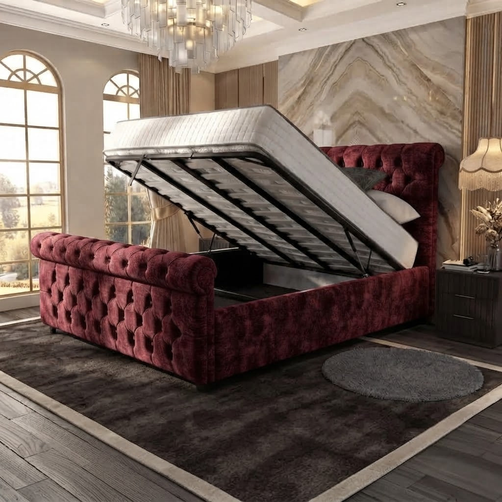 Buckingham Upholstered Ottoman Bed - Burgundy Plush Velvet