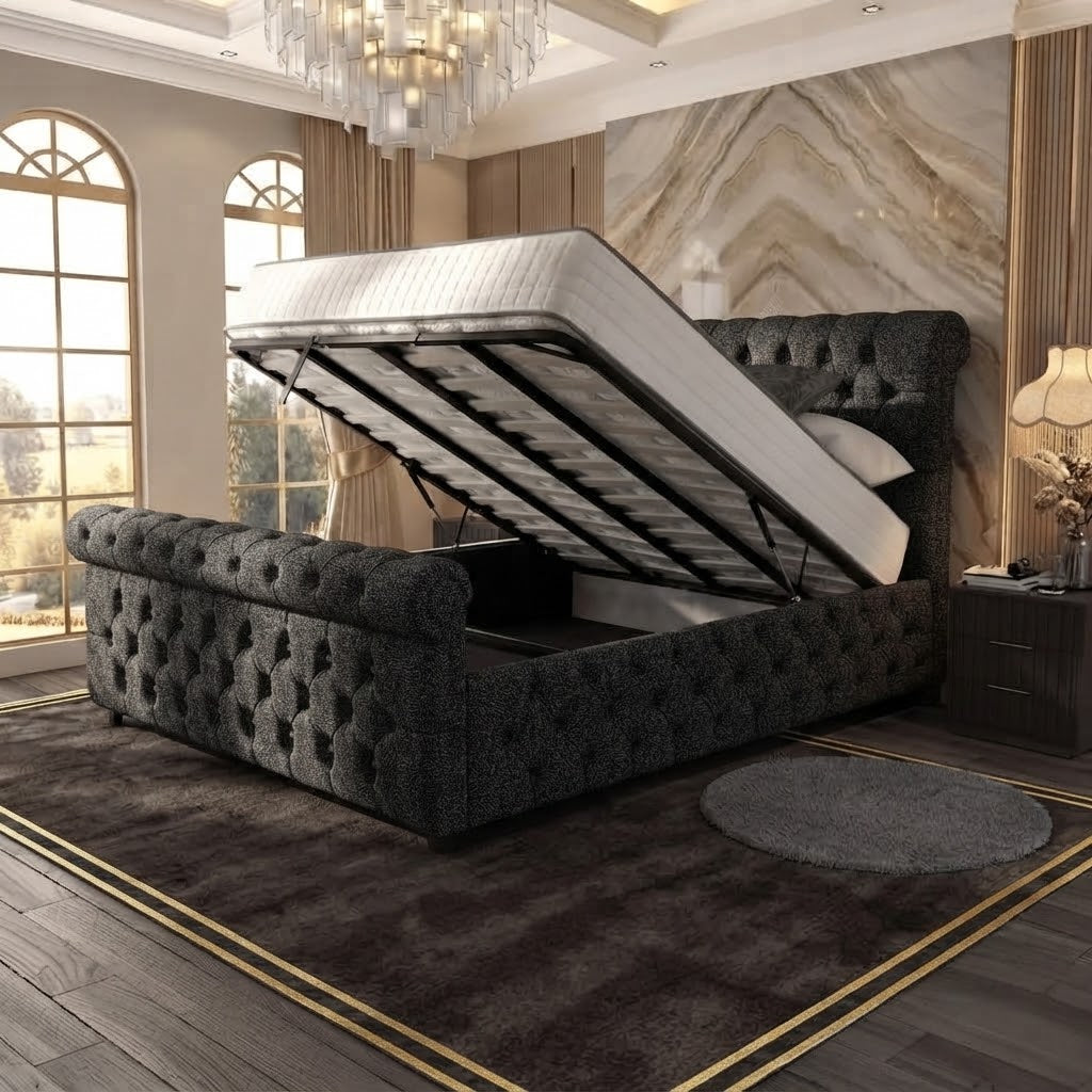 Buckingham Upholstered Ottoman Bed - Charcoal Plush Velvet