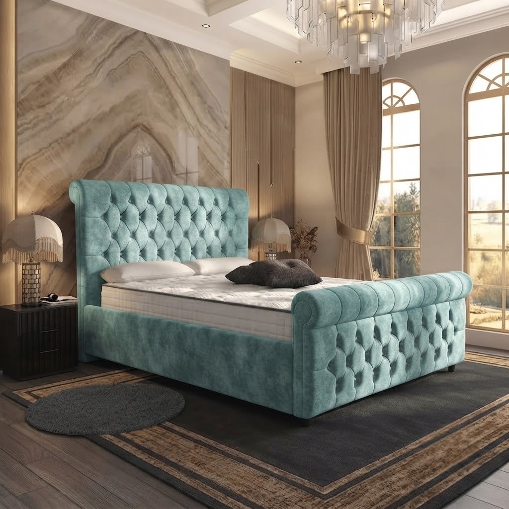 Buckingham Upholstered Ottoman Bed - Duck Egg Plush Velvet
