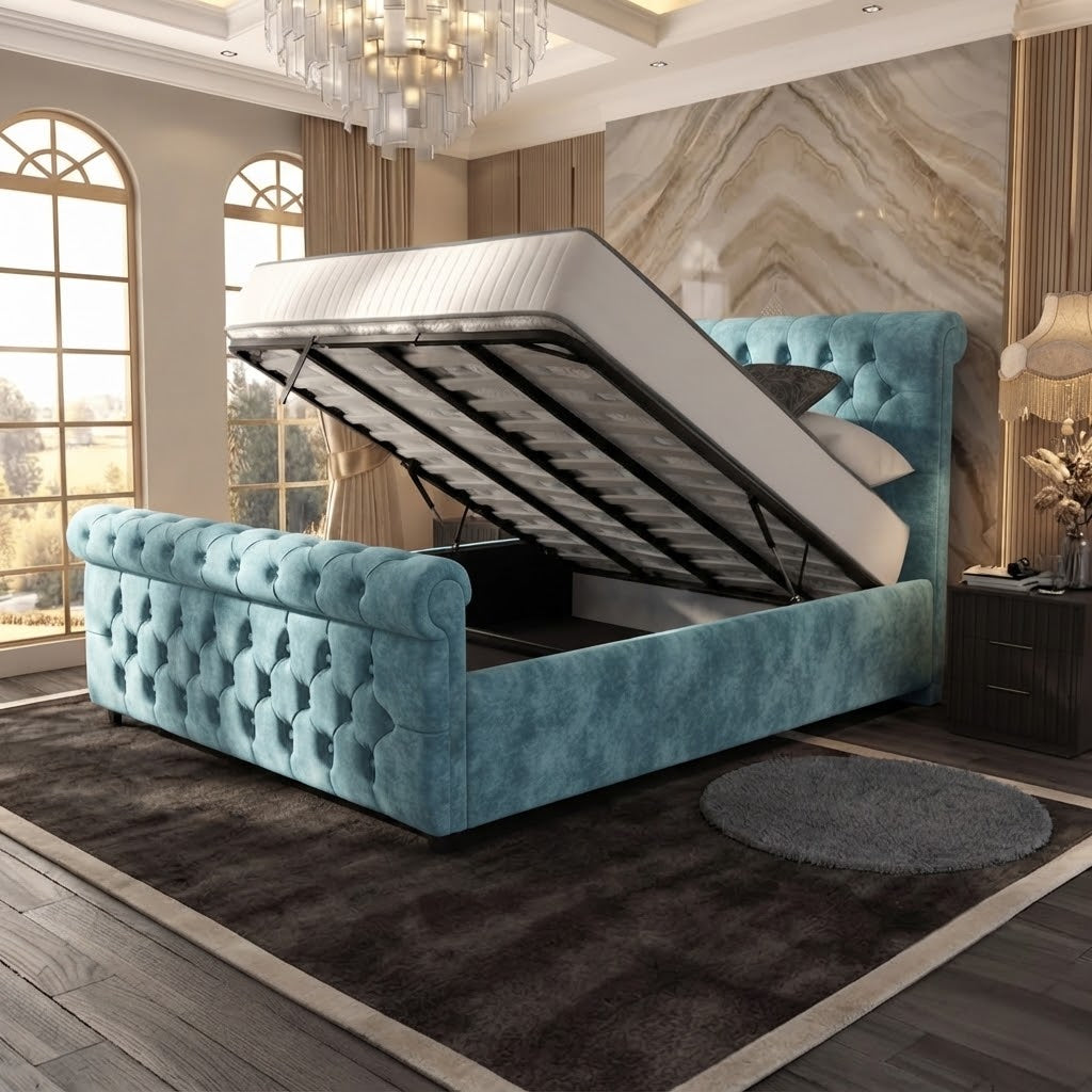 Buckingham Upholstered Ottoman Bed - Duck Egg Plush Velvet