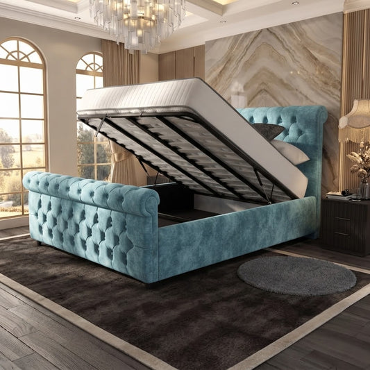 Buckingham Upholstered Ottoman Bed - Duck Egg Plush Velvet