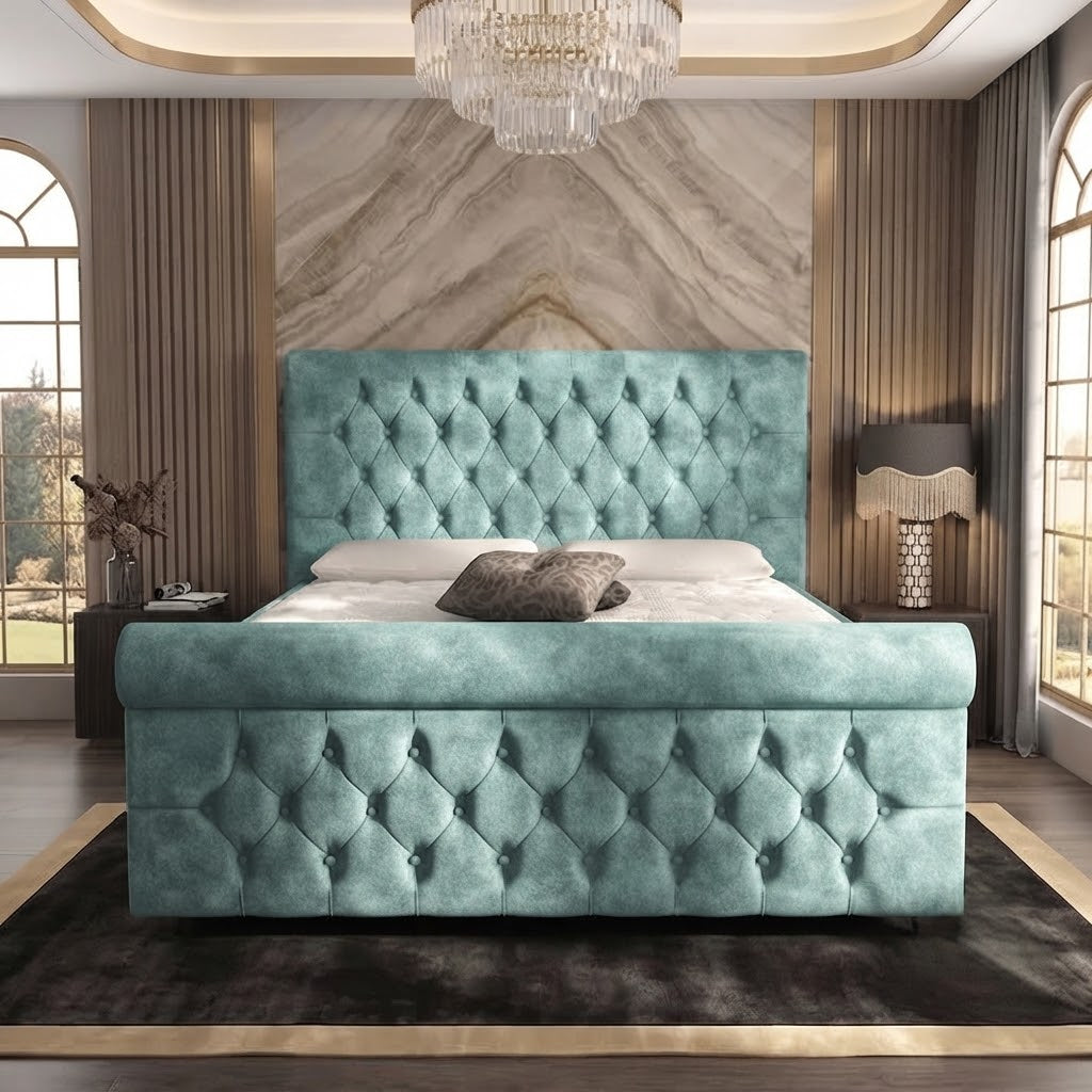 Buckingham Upholstered Ottoman Bed - Duck Egg Plush Velvet