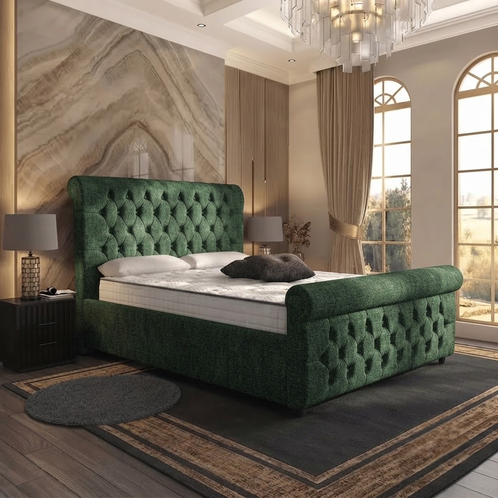 Buckingham Upholstered Ottoman Bed - Green Plush Velvet