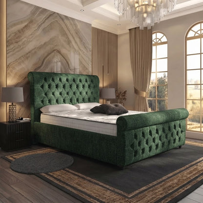 Buckingham Upholstered Ottoman Bed - Green Plush Velvet