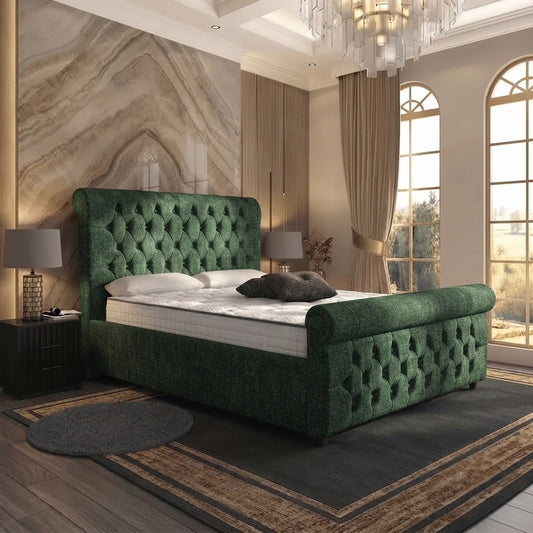 Buckingham Upholstered Ottoman Bed - Green Plush Velvet