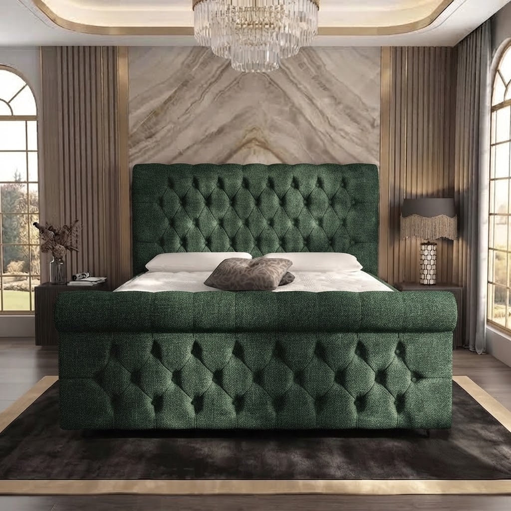 Buckingham Upholstered Ottoman Bed - Green Plush Velvet