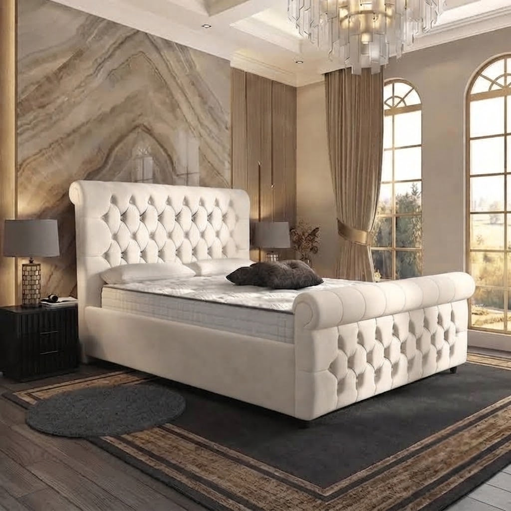 Buckingham Upholstered Ottoman Bed - Ivory Plush Velvet