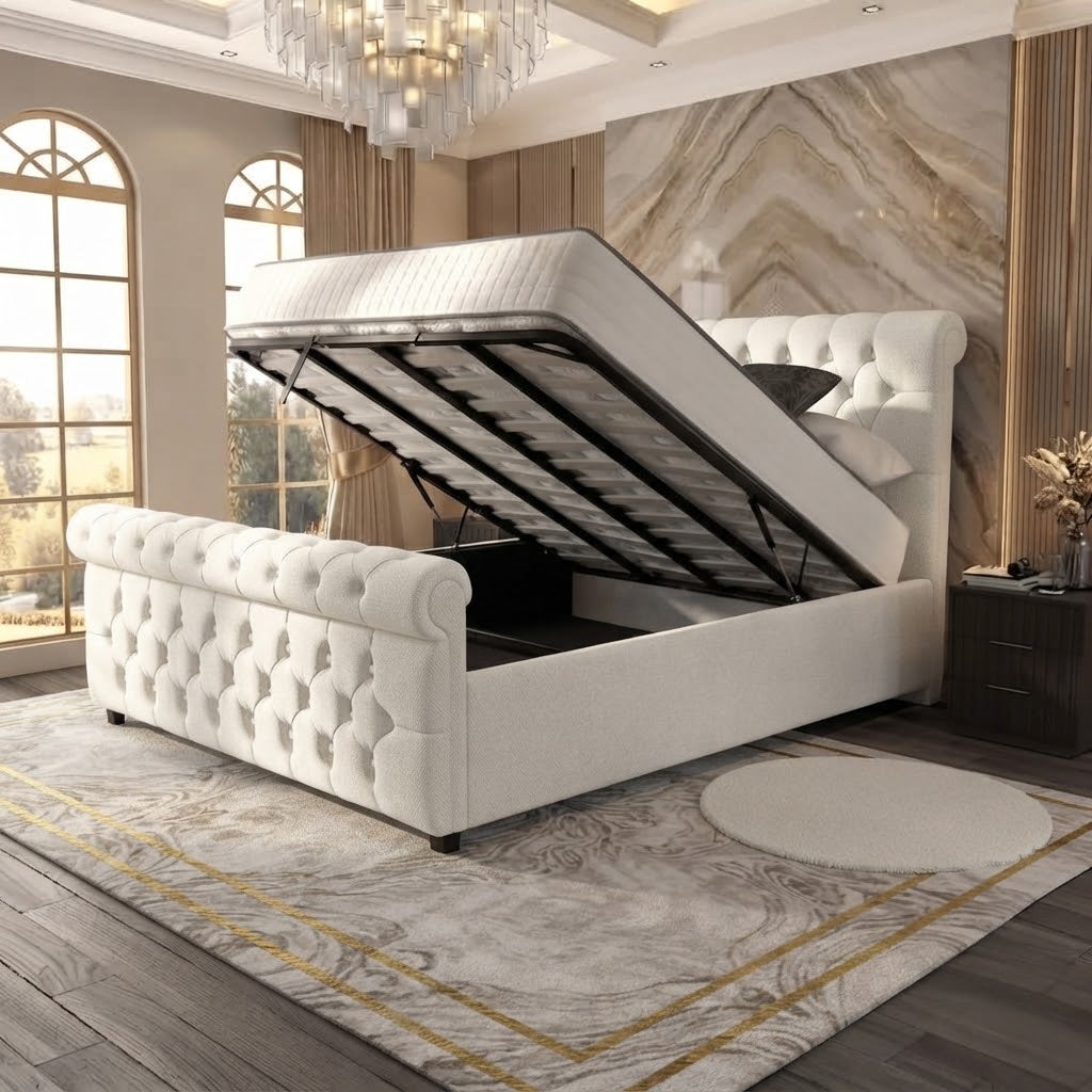Buckingham Upholstered Ottoman Bed - Ivory Plush Velvet