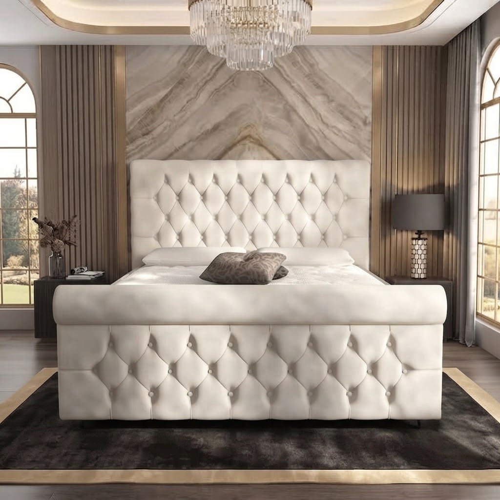Buckingham Upholstered Ottoman Bed - Ivory Plush Velvet