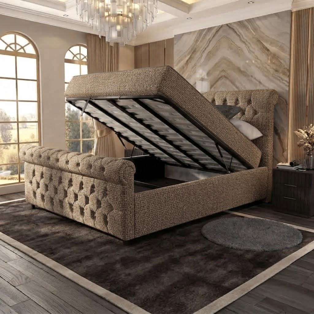 Buckingham Upholstered Ottoman Bed - Latte Wool