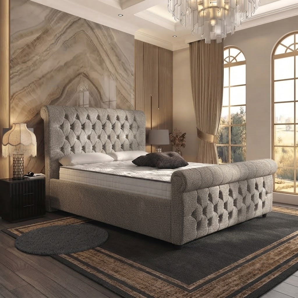 Buckingham Upholstered Ottoman Bed - Silver Plush Velvet