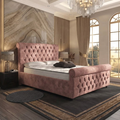 Buckingham Upholstered Ottoman Bed - Soft Pink Plush Velvet