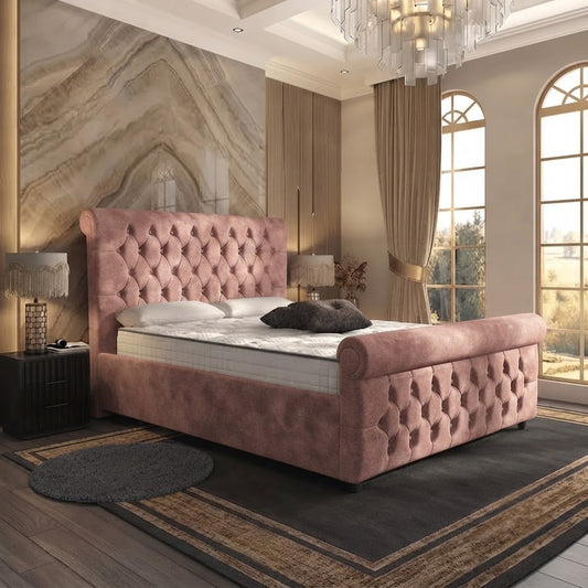 Buckingham Upholstered Ottoman Bed - Soft Pink Plush Velvet
