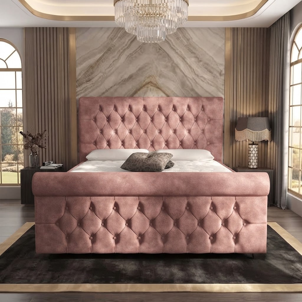 Buckingham Upholstered Ottoman Bed - Soft Pink Plush Velvet