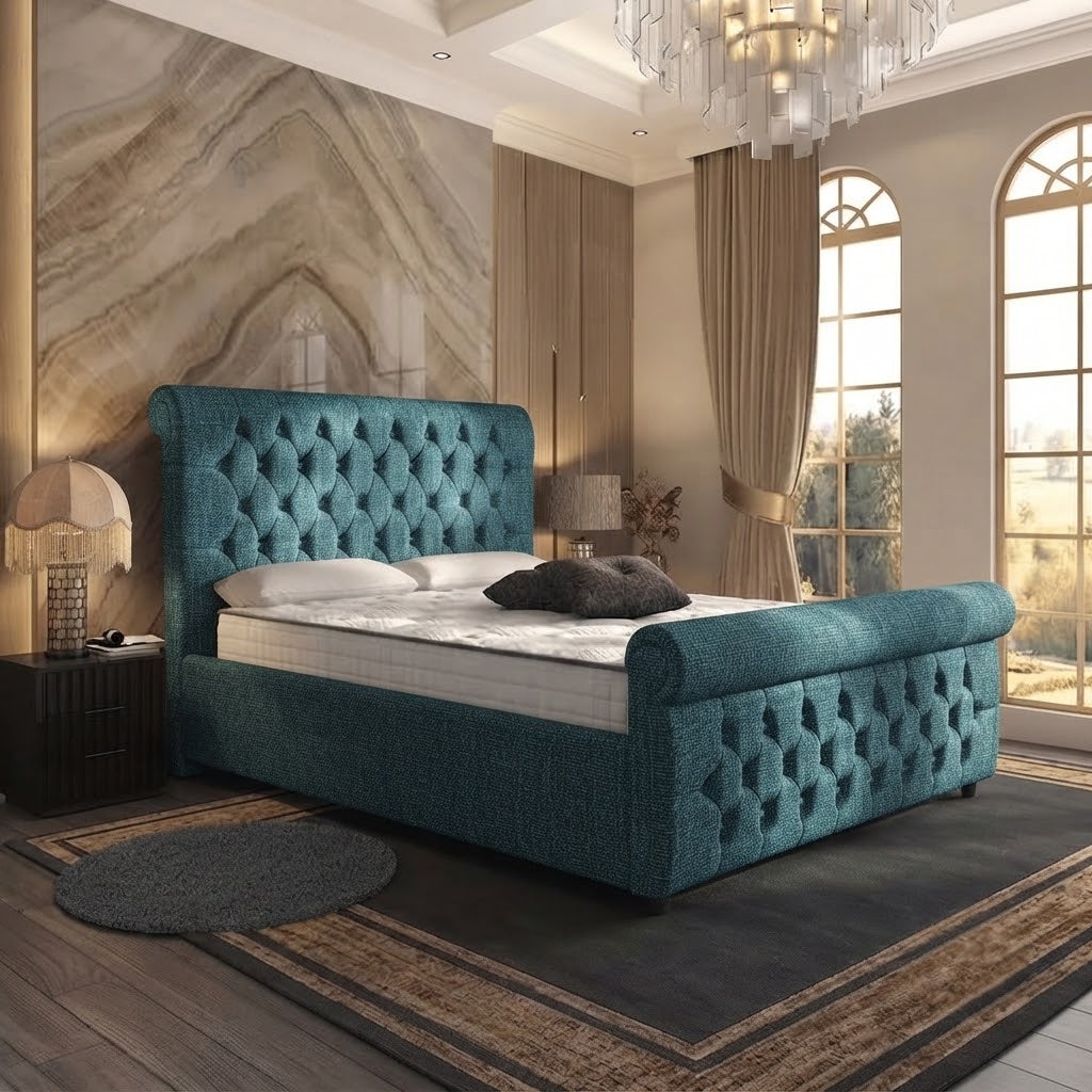 Buckingham Upholstered Ottoman Bed - Teal Linen