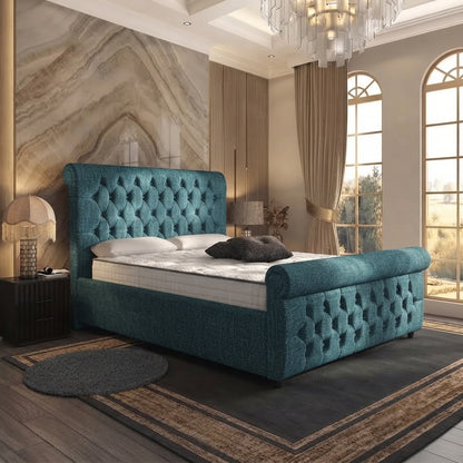 Buckingham Upholstered Ottoman Bed - Teal Linen