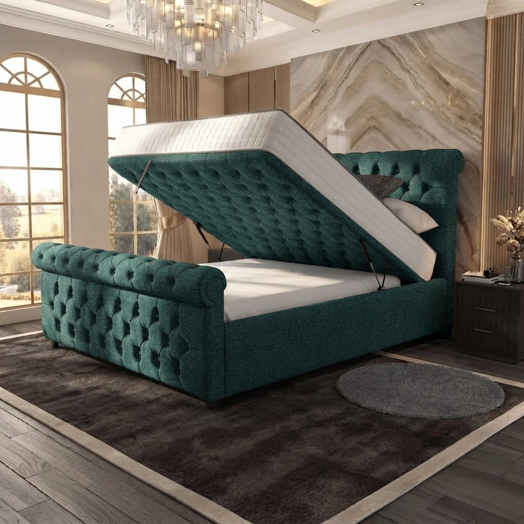 Buckingham Upholstered Ottoman Bed - Teal Linen
