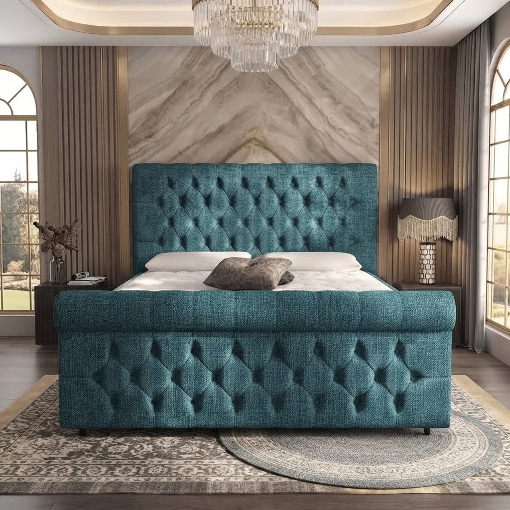Buckingham Upholstered Ottoman Bed - Teal Linen