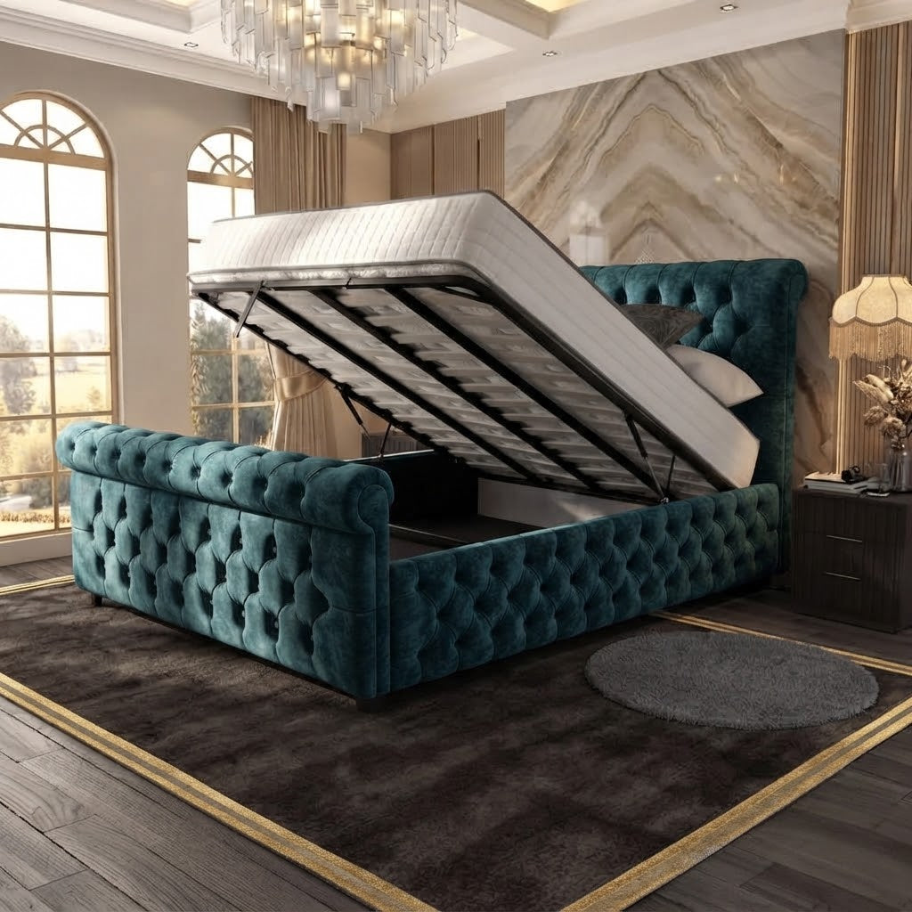 Buckingham Upholstered Ottoman Bed - Teal Plush Velvet