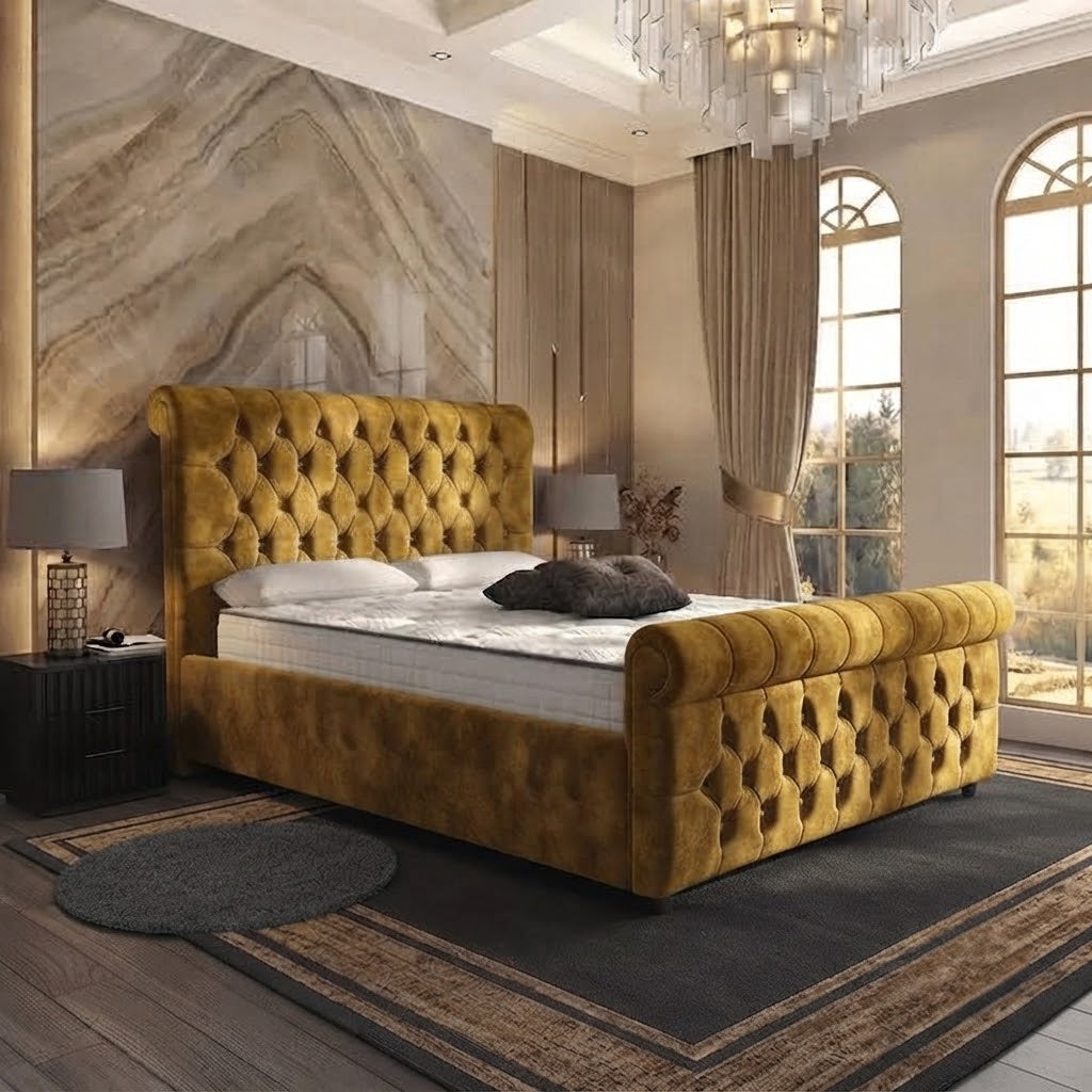 Buckingham Upholstered Ottoman Bed - Tumeric Plush Velvet