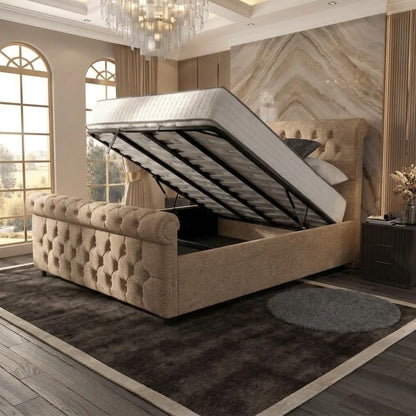 Buckingham Upholstered Ottoman Bed - Wheat Linen