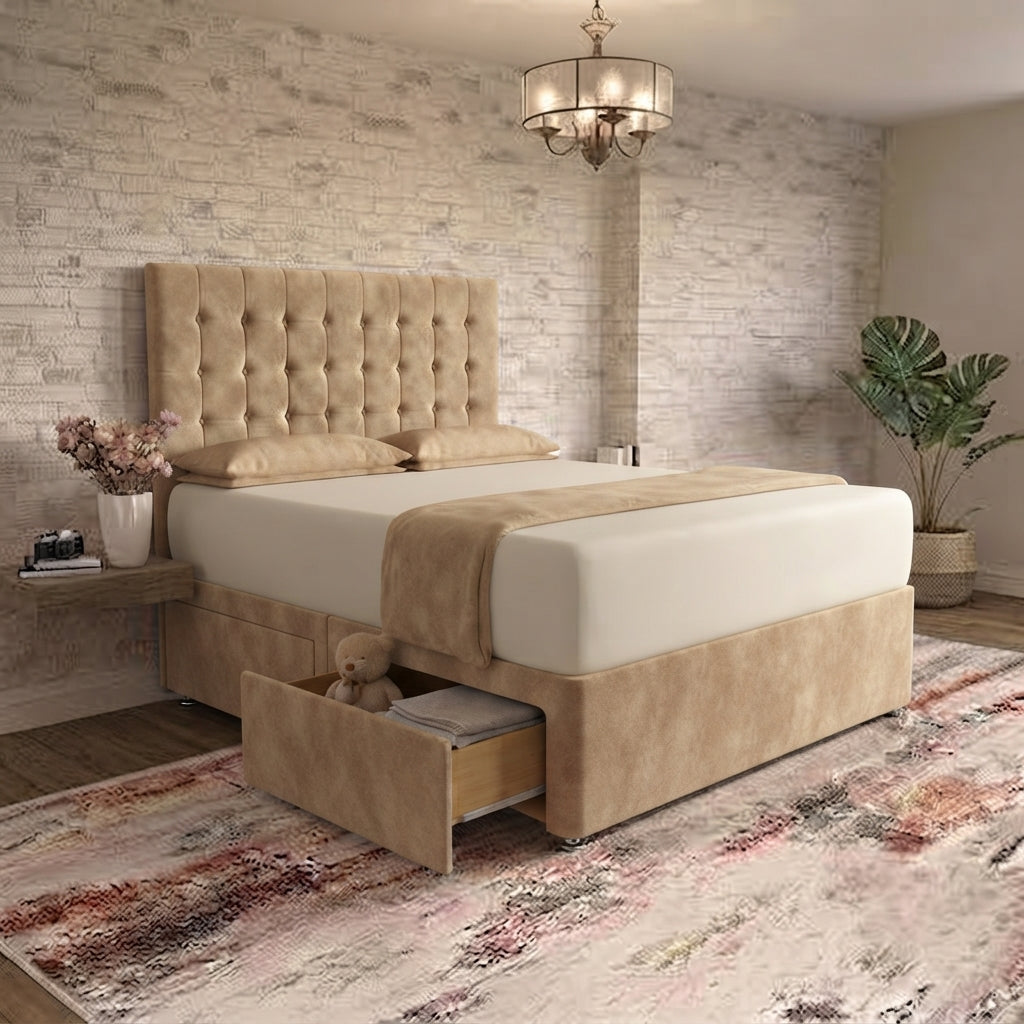 Cube Divan Bed - Beige Plush Velvet