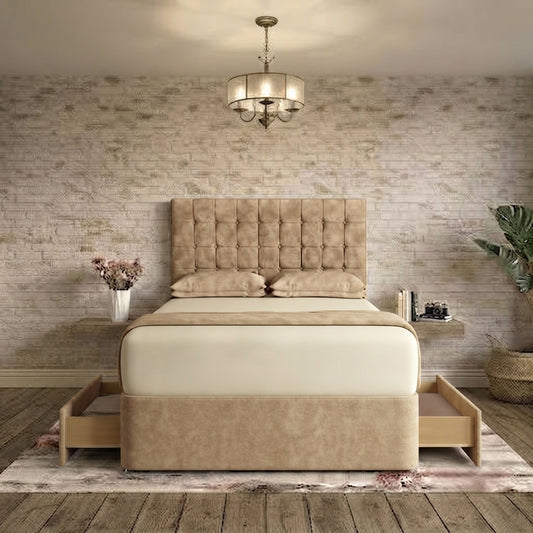 Cube Divan Bed - Beige Plush Velvet