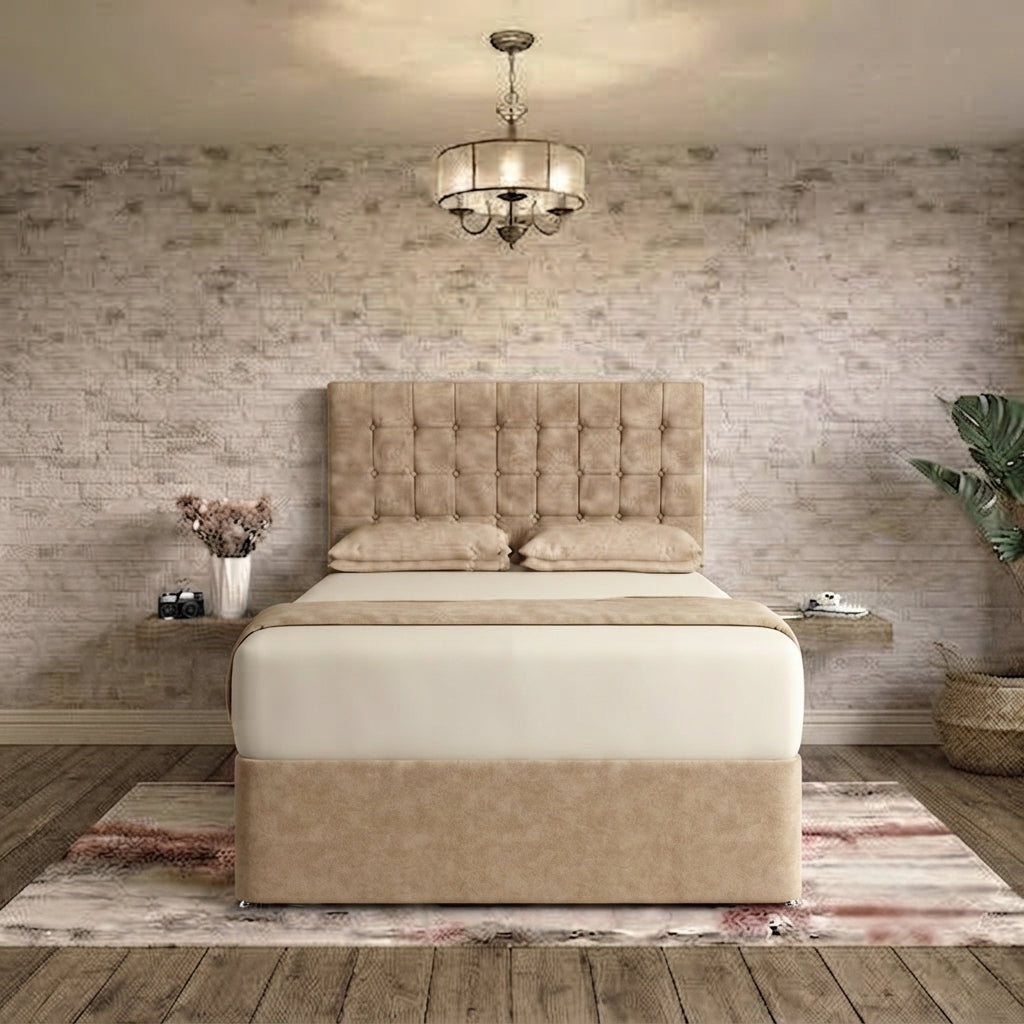 Cube Divan Bed - Beige Plush Velvet