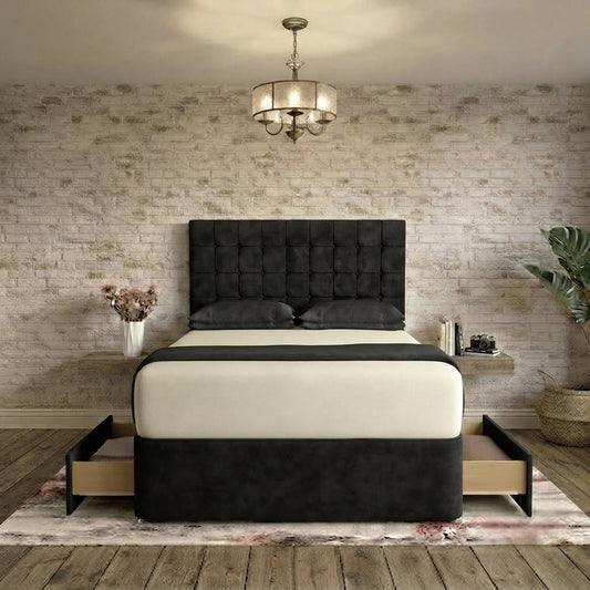 Cube Divan Bed - Black Plush Velvet