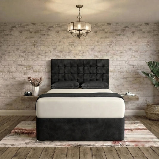 Cube Divan Bed - Black Plush Velvet