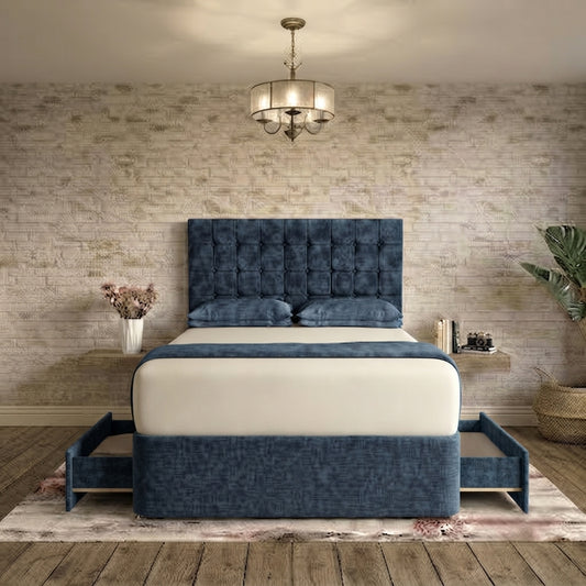 Cube Divan Bed - Blue Chenille
