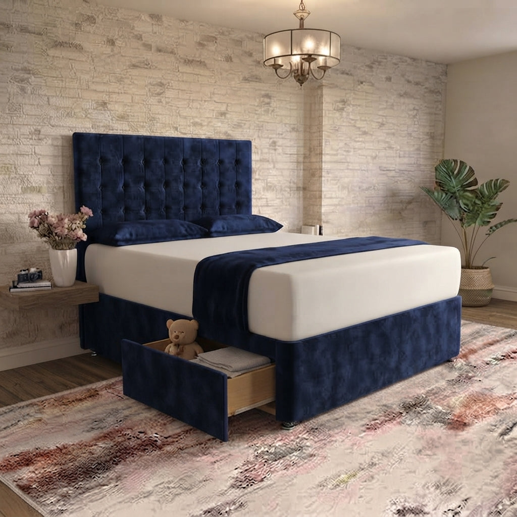 Cube Divan Bed - Blue Plush Velvet