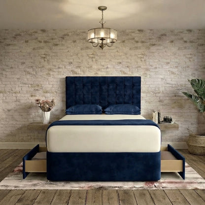 Cube Divan Bed - Blue Plush Velvet