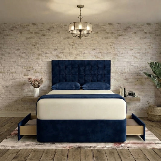 Cube Divan Bed - Blue Plush Velvet