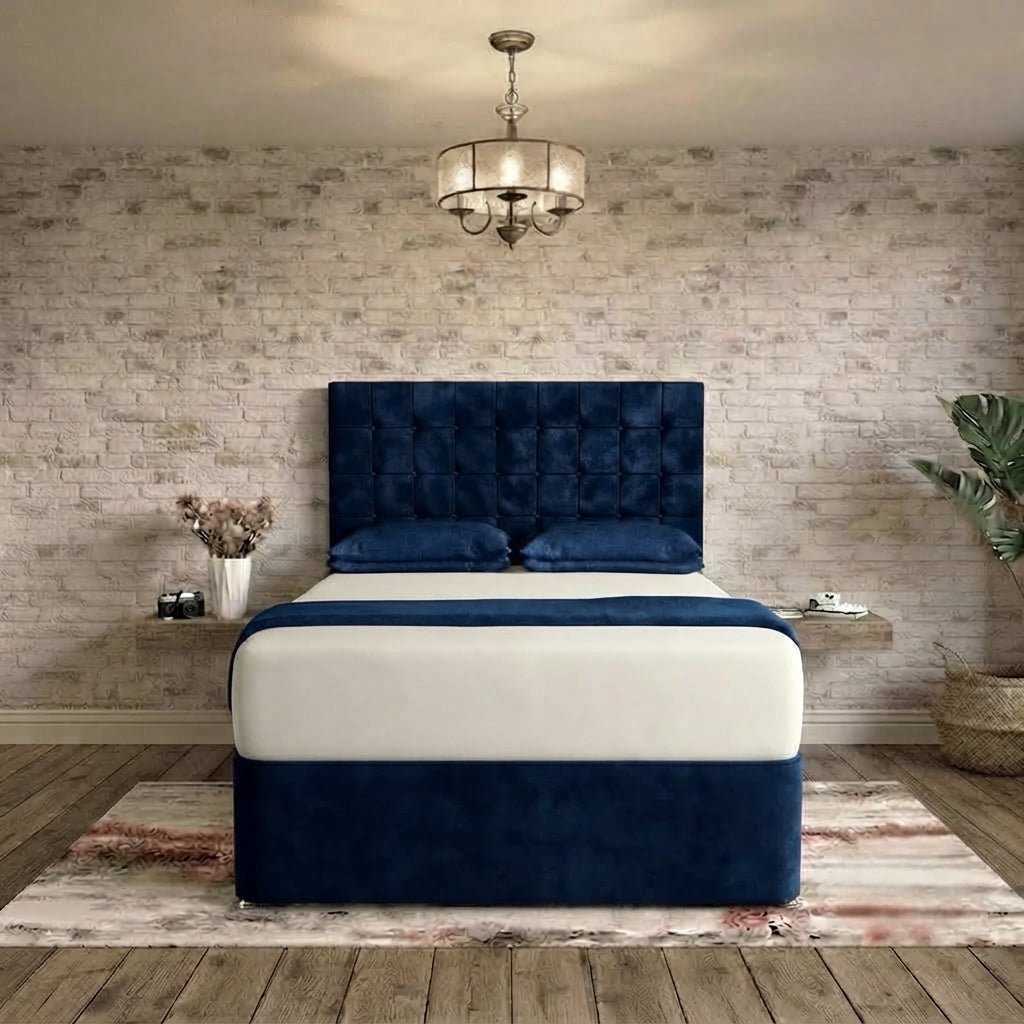 Cube Divan Bed - Blue Plush Velvet