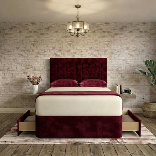 Cube Divan Bed - Burgundy Plush Velvet