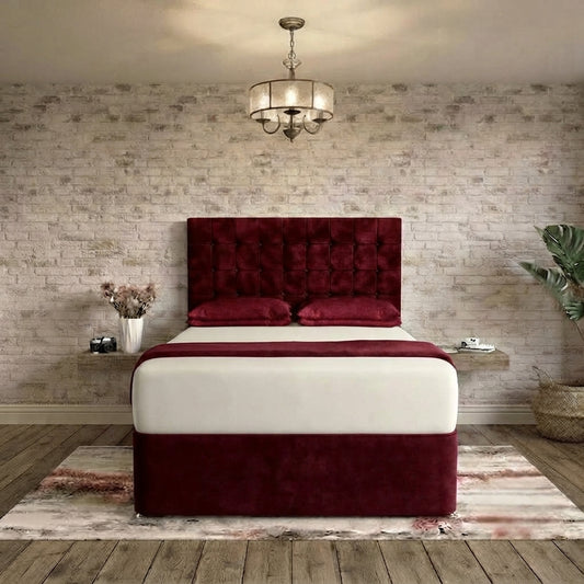 Cube Divan Bed - Burgundy Plush Velvet
