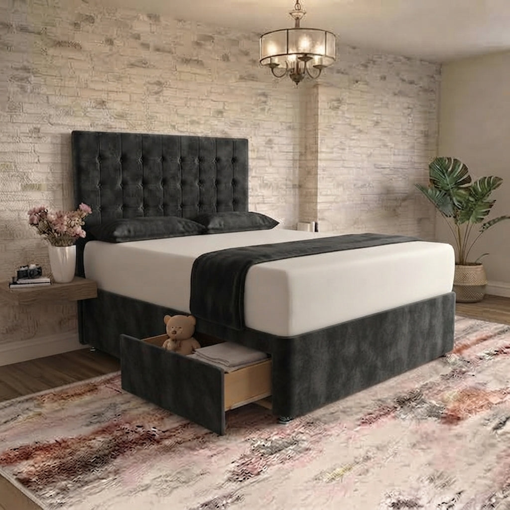 Cube Divan Bed - Charcoal Plush Velvet