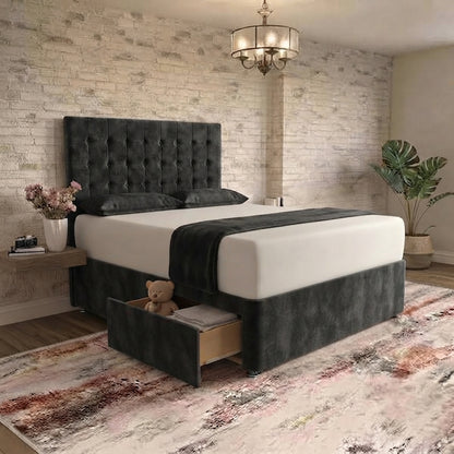 Cube Divan Bed - Charcoal Plush Velvet