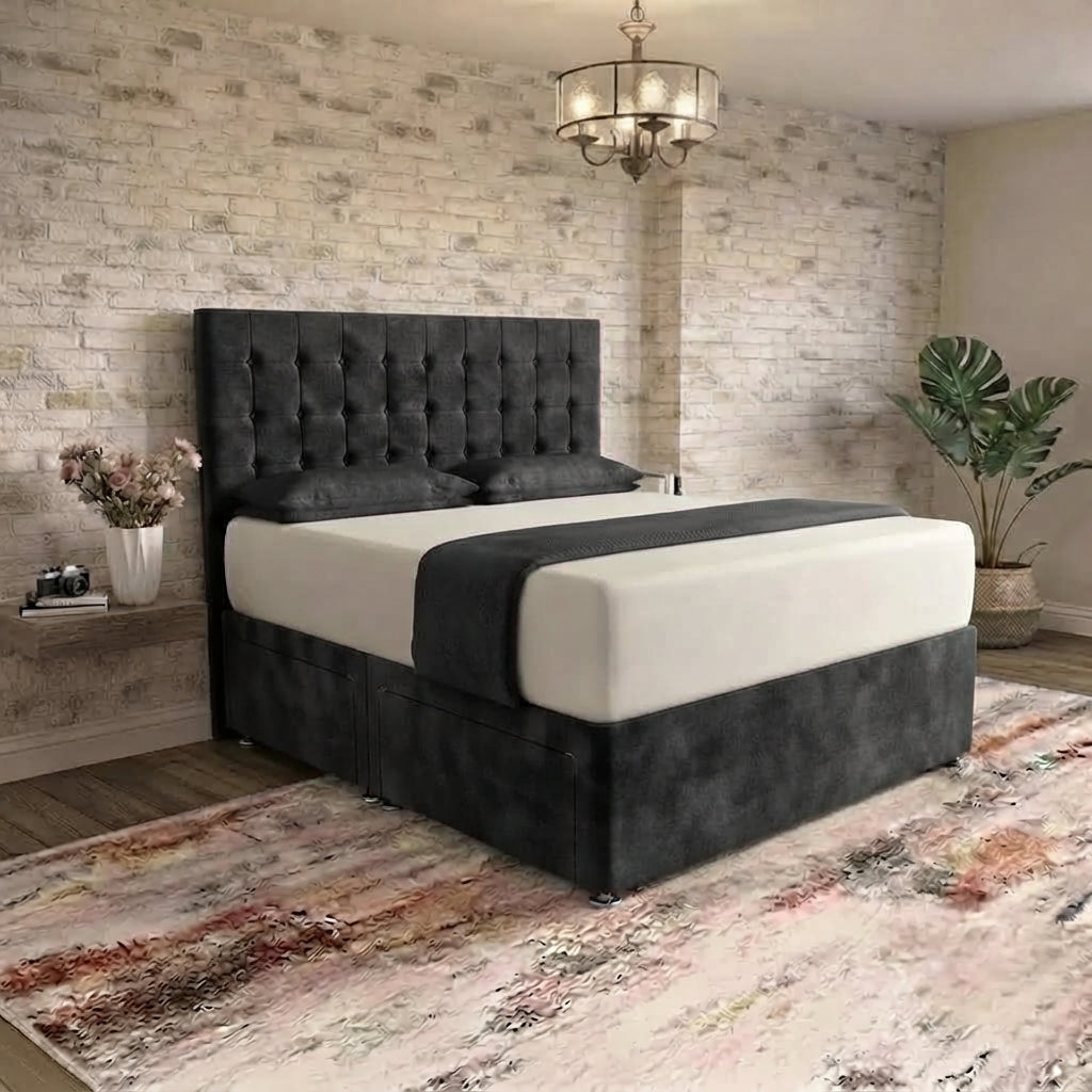 Cube Divan Bed - Charcoal Plush Velvet