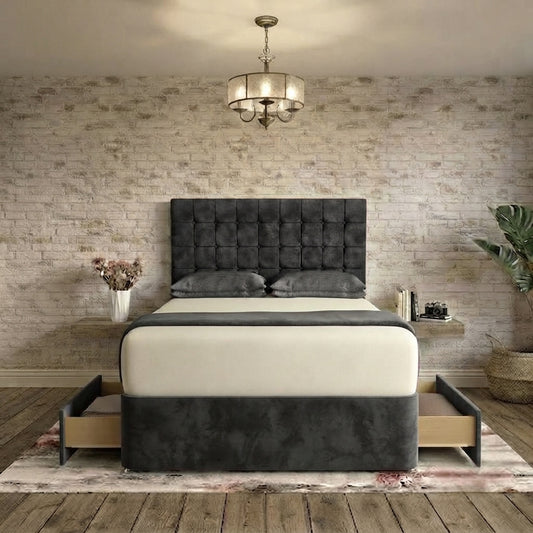 Cube Divan Bed - Charcoal Plush Velvet