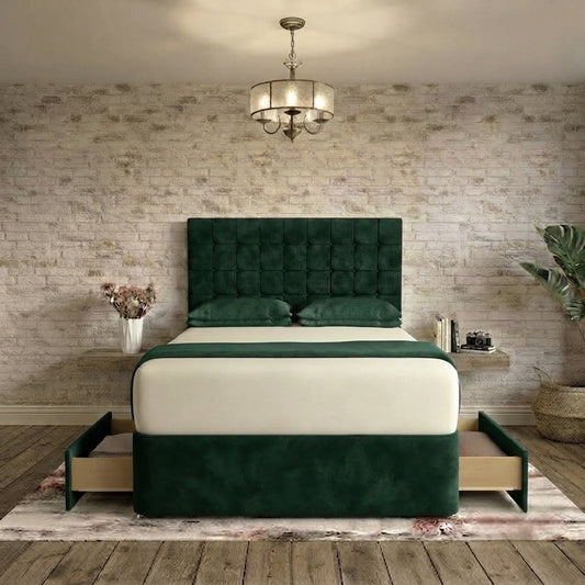 Cube Divan Bed - Green Plush Velvet