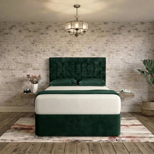 Cube Divan Bed - Green Plush Velvet