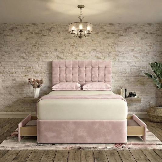 Cube Divan Bed - Soft Pink Plush Velvet