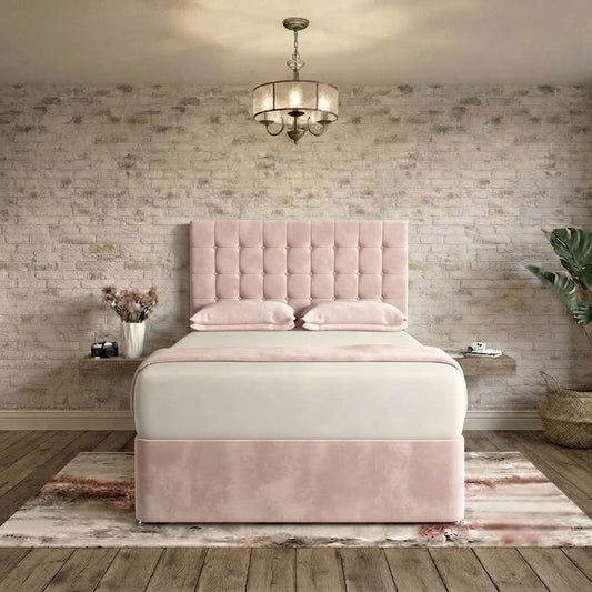 Cube Divan Bed - Soft Pink Plush Velvet